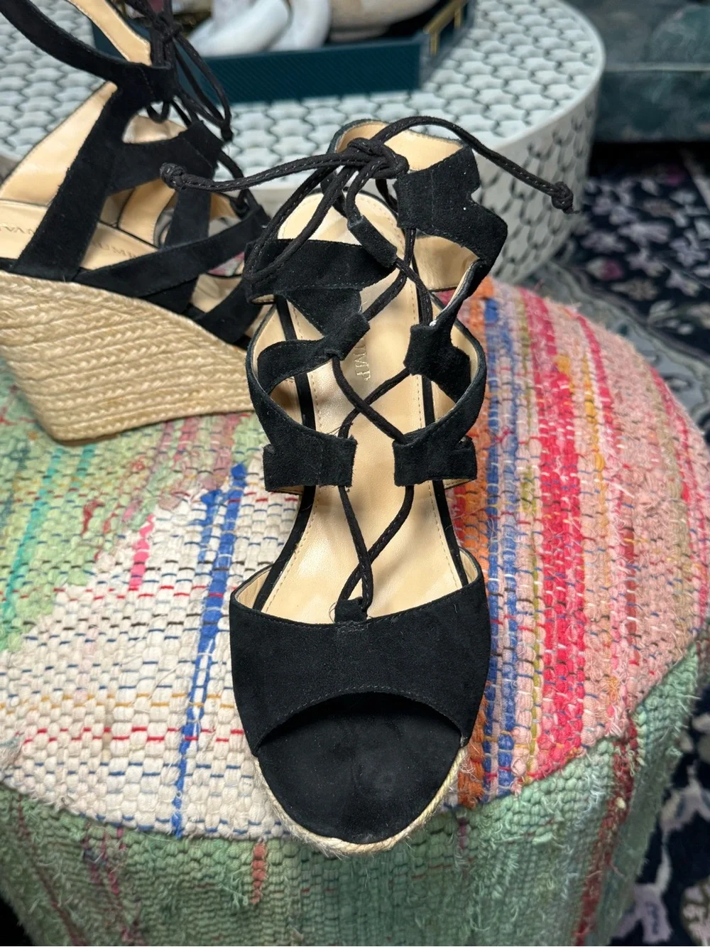 Ivanka Trump Black Suede Lace-Up Espadrille Wedges‎